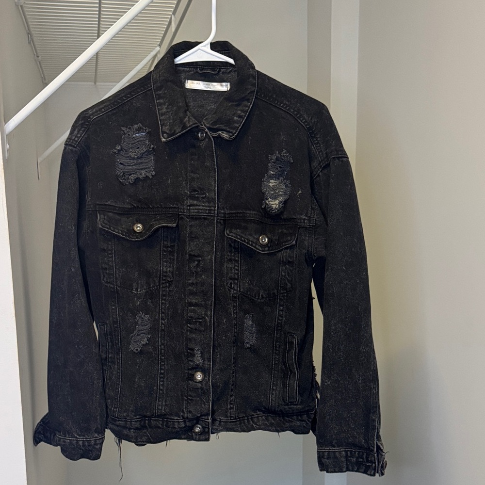 Distressed Black Jean Jacket w/ Snake Lace Design on Back
